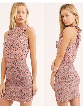 Free People Pink Floral Ruffle Tie-Back Mini Dress